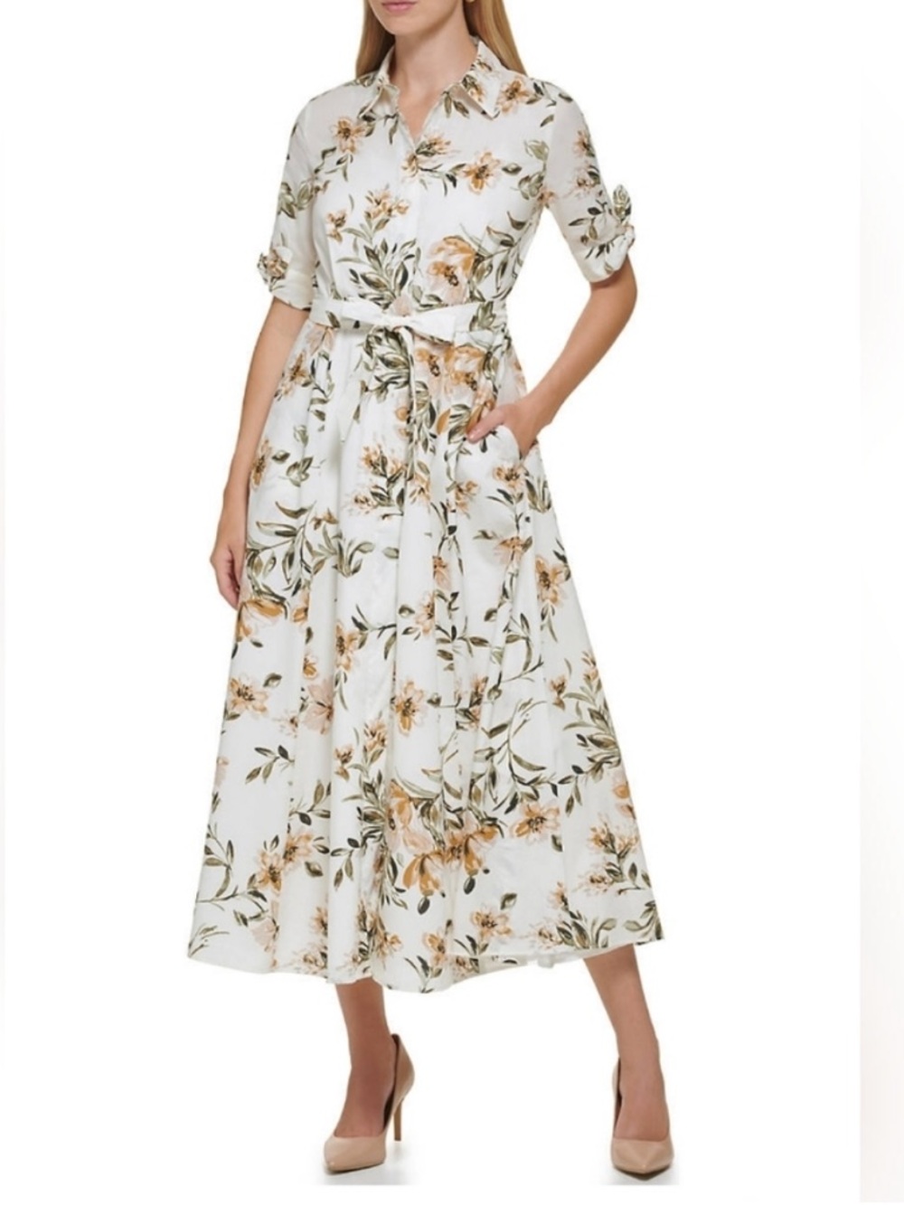 CALVIN KLEIN White Floral Button-Front Tie-Waist Dress